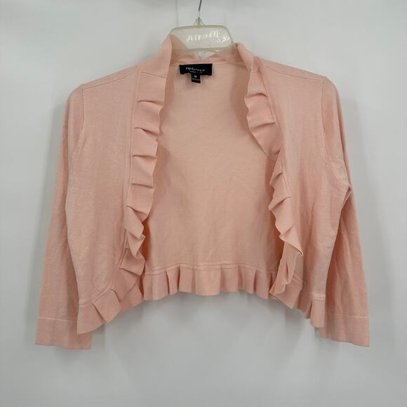 RN Studio Women Open Front Cardigan Sweater Size M Pink Ruffle Balletcore Dainty - Picture 1 of 7